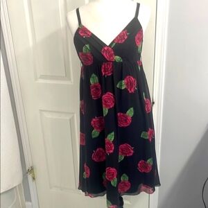 90s Betsey Johnson Silk Dress, Spaghetti Strap Midi Black with Pink Roses